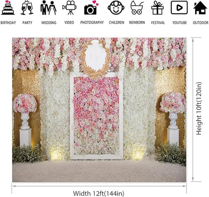 12x10ft Pink Flower Wall Photography Backdrop Proposal Ceremony Wedding Floral Photography Background Women Girl Birthday Party Bridal Shower Decor Banner Photo Booth Props