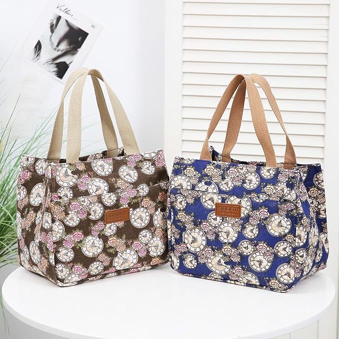 Dreubea Women's Floral Print Canvas Tote Bag - Small Reusable Shopping Handbag for Groceries, Takeout, Eco-Friendly Purse