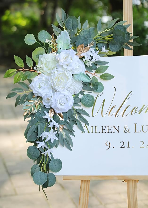 Artificial White Wedding Arch Flower Swags Set of 2 for Welcome Signs, Reception and Ceremony Decorations - Gold Floral Decor
