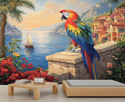 KIREUPA Macaw Parrot Wall Mural, Coastal Mediterranean Parrot 3d Wall Murals, Sunset Seaside Village Scene Wallpaper Mural, for Living Room Bedroom Large Wallpaper Indoor Decor 78.7" W x55.1 H