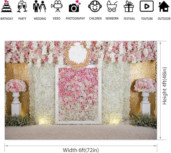 6x4ft Pink Flower Wall Photography Backdrop Proposal Ceremony Wedding Floral Photography Background Women Girl Birthday Party Bridal Shower Decor Banner Photo Booth Props