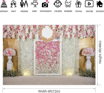 6x4ft Pink Flower Wall Photography Backdrop Proposal Ceremony Wedding Floral Photography Background Women Girl Birthday Party Bridal Shower Decor Banner Photo Booth Props