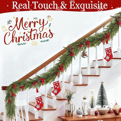6 Ft Christmas Garland - Real Touch Cedar Garland with Red Berry Clusters Pinecones by 90 Cedar Branches, Realistic Greenery Faux,Christmas Garlands for Mantle Fireplace Table Centerpiece Decor