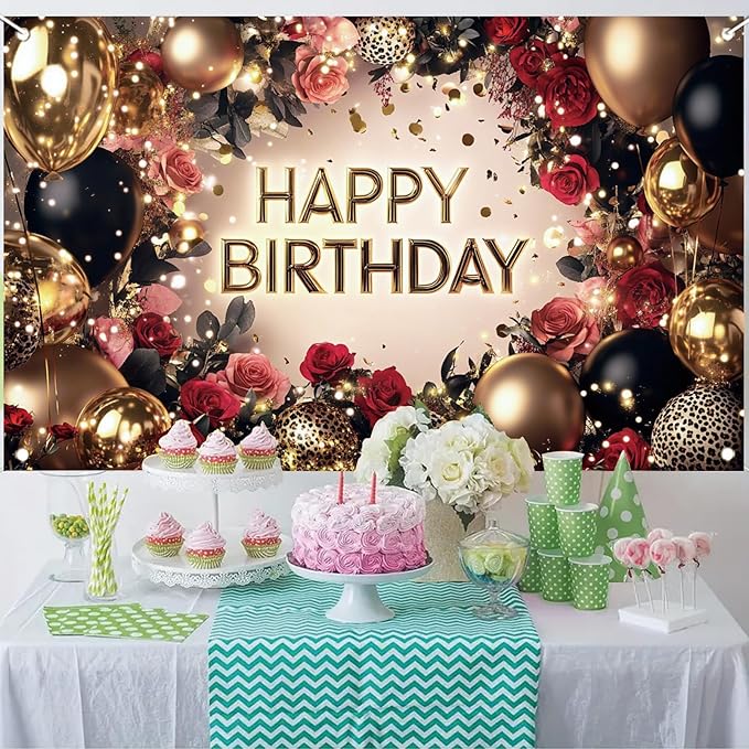 Red and Black Rose Happy Birthday Backdrop Banner Gold Balloon Photography Background Women Birthday Party Decorations Elegant Floral Birthday Supplies Photo Booth Props 71x43 Inch