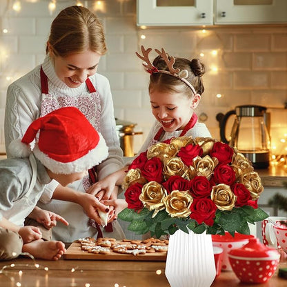 30pcs Fake Roses Artificial Silk Flowers Long Stems Bouquet for Wedding Bridal Shower Party Home Decoration (Burgundy + Gold)
