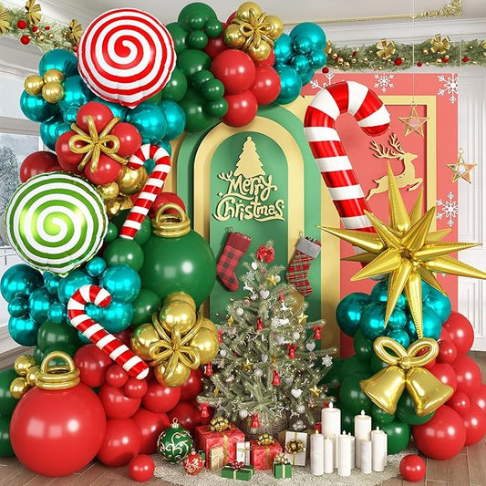 Christmas Balloon Garland Arch Kit, Xmas Red Green Gold Balloons Candy Cane Explosion Star Mylar Foil Balloons for Merry Christmas Ugly Sweater New Year Friendsmas Festival Birthday Party Decorations