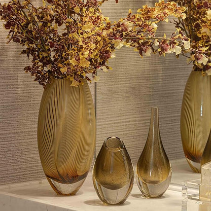 Ca D Oro Murano Style Glass Vase Amber Feather Pattern Hand Blown Art Glass for Flower, Room Decoration and Centerpiece - Model 54 MS