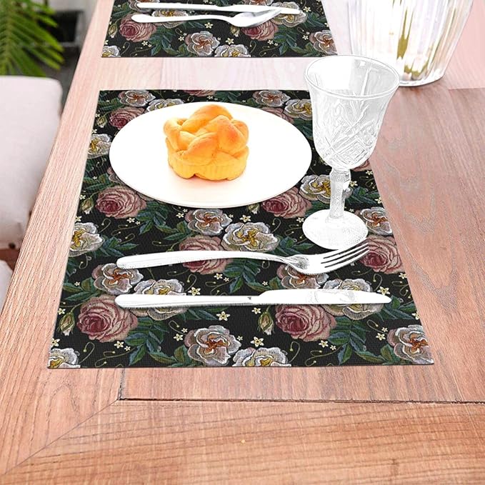Placemats Set of 4 PVC Woven Place Mats Heat Resistant Easy to Clean for Indoor Outdoor Party Kitchen Dining Table Decoration 12"x18",Embroidered Rose Pattern