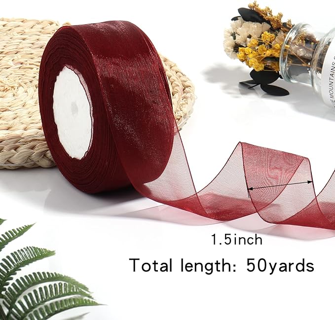 1.5 inch Sheer Organza Ribbon Wine Red Chiffon Ribbon for Gift Wrapping Christmas Halloween Decoration Wedding Bouquet Crafts 50 Yards