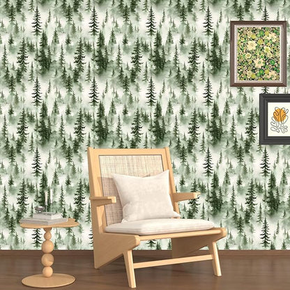 Foggy Forest Wallpaper Peel and Stick,Green Pine Trees Contact Paper,Misty Woodland Landscape Wall Paper Mural Self Adhesive Waterproof Removable for Bathroom Shelves Cabinet Drawer Table 17.5" x 118"