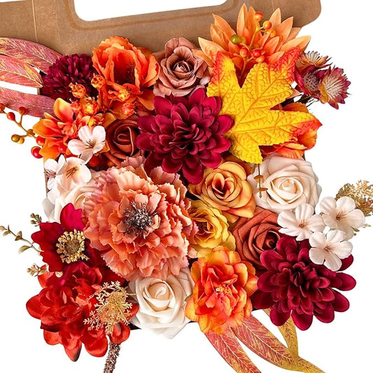 ASTRYAS Burnt Orange Flowers Combo Silk Fake Flowers Combo with Stems for DIY Wedding Bouquets Bridal Shower Centerpieces Party Decorations Thanksgiving Day