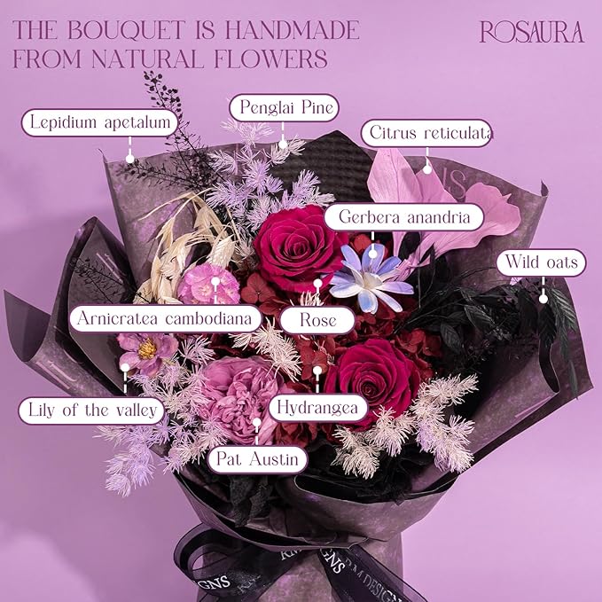 Rosaura Preserved Flowers Bouquets, Natural Real Roses for Delivery Prime, Forever Rose Bouquets Valentine's Day, Mother's Day, Christmas, Birthday Gifts-Dark Purple (with vase)