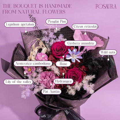 Rosaura Preserved Flowers Bouquets, Natural Real Roses for Delivery Prime, Forever Rose Bouquets Valentine's Day, Mother's Day, Christmas, Birthday Gifts-Dark Purple (with vase)