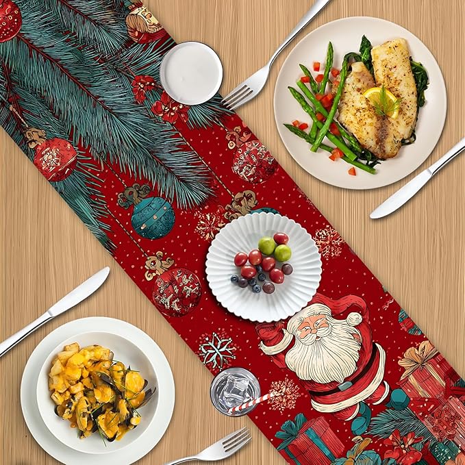 Christmas Table Runner 13 x 72 Inch, Vintage Santa Claus with Pine Branches and Gift Boxes, Red Festive Holiday Dining Table Decoration, Xmas Party Table Centerpiece