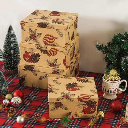 Soul & Lane Christmas Kraft Square Decorative Boxes with Lids - Set of 4 - Retro Cozy Christmas, Reusable Large Nesting Holiday Gift Boxes for Presents and Décor