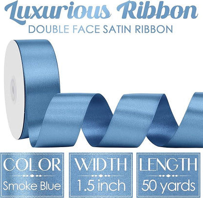 MEEDEE Smoke Blue Satin Ribbon 1-1/2 Inch Dusty Blue Ribbon Lux Double Faced Satin Ribbons by 50 Yards Polyester Satin Ribbons for Crafts, Weddings, Flower Bouquet, Holiday Decorating
