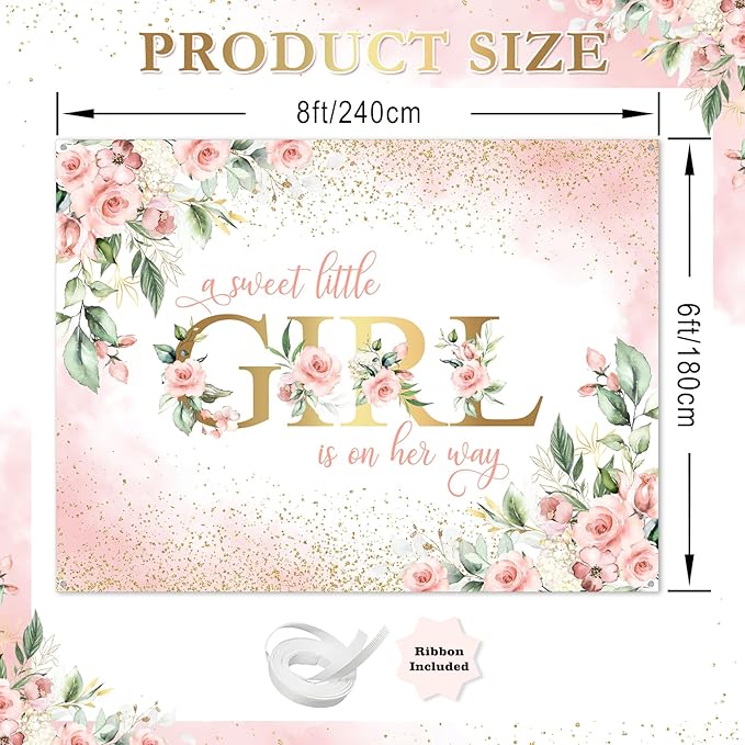 Avezano Girl Baby Shower Backdrop Pink Floral Sweet Baby Baby Shower Banner A Sweet Little Girl is on Her Way Party Decorations Banner (8x6ft)