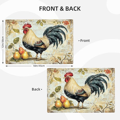 Farmhouse Rooster Placemats Set of 4, Rustic Chicken Place Mats, Pear Dining Table Mats, Washable Placemats for Kitchen Dining Room Home Decor 18L'' × 12W''