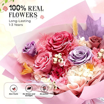 Preserved Flowers Roses Bouquet with Vases Real Pink Flowers for Delivery Prime, Forever Glitter Rose Bouquets Kit,Handmade Flowers Eternal Rosas,Gifts for Graduation Mom Women Birthday(Pink)