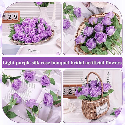 80 Pcs Roses Artificial Flowers, Silk Light Purple Artificial Flowers Petals Long Stem Roses for Wedding Bouquet Home Party Decor