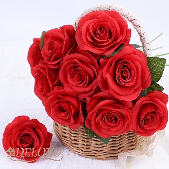 52pcs Red Roses Artificial Flowers Red Fake Flowers Silk Roses with Stems for DIY Wedding Bouquets Bridal Shower Centerpieces Arrangements Party Decorations