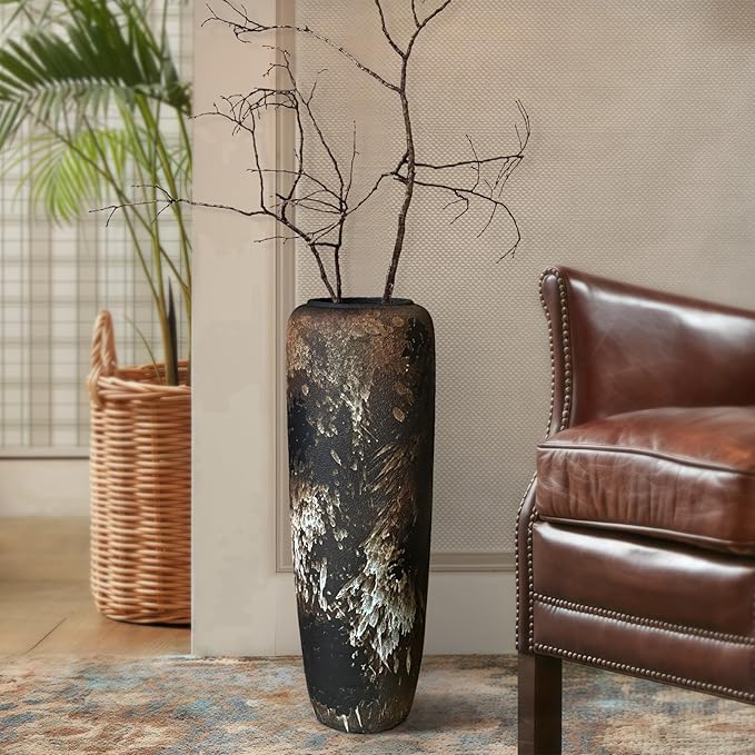 Rustic Ceramic Tall Floor Vase,23.6 Inch Black Large Pottery Farmhouse Decor Floor Vase for Living Room Entryway Table Centerpiece Decor,Vintage Terracotta Vases,Wedding Gift