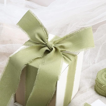 Sage Green Ribbon 1-1/2 x 15 Yards Handmade Cotton Frayed Fringe Fabric Ribbons for Crafts Flower Bouquets Wedding Baby Shower Home DIY Decor