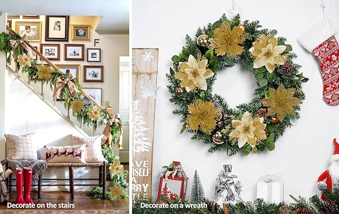 RECUTMS 66 Pcs 3 Styles Christmas Glitter Poinsettia Flowers Artificial Berry Picks Christmas Tree Ornaments Artificial Christmas Flowers with Clips for Xmas Wedding Wreath Floral Decorations (Gold)
