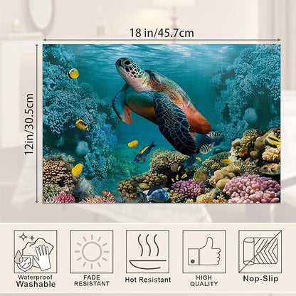 Turtle Underwater Placemats Set of 6,Sea Coral Fish Waterproof Non-Slip Washable Table Mats Set for Kitchen Dining Holiday Party Wedding Decor 12x18 Inch