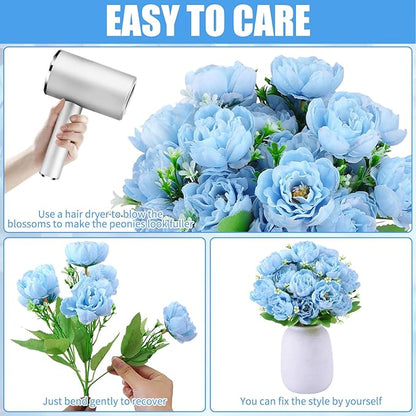 8 Pack Blue Peonies Artificial Flowers, Fake Silk Hydrangea Bouquet for Bridal Wedding Home Table Decor Reusable Dining Opening Ceremony Birthday Arrangement Faux Floral
