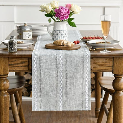 Artoid Mode Grey Rustic Cotton Linen Table Runner, Seasonal Embroidered Hollow Kitchen Dining Table Decoration for Home Party Decor 13x90 Inch