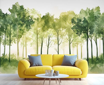 Watercolor Forest Wall Mural, Minimalist Forest Scene 3D Wall Murals, Nordic Nature Wallpaper Mural, for Living Room Bedroom Large Wallpaper Indoor Decor 197" W x124.8 H