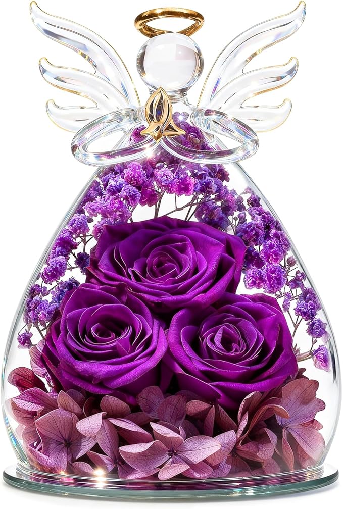 Beferr Christmas Birthday Gifts for Women, Mom Gifts for Christmas Fresh Flowers for Delivery Prime Forever Preserved Rose in Glass Angel Figurine Xmas Gifts for Grandma Wife Sister Her, Purple