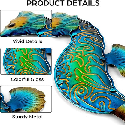 John's Studio Seahorse Sea Wall Decor Outdoor Metal Garden Hanging Art Glass Sculptures Home Ocean Theme Decorations for Kitchen Bathroom and Pool