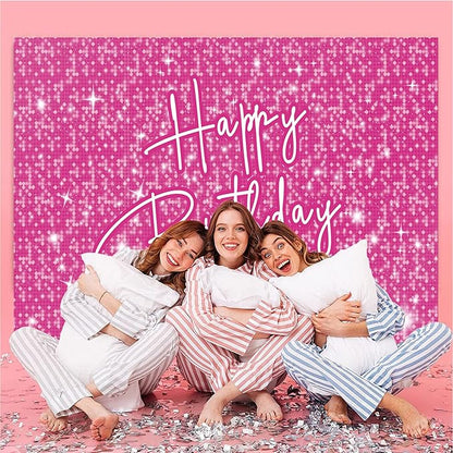 Happy Birthday Decoration for Women Shiny Pink Neon Party Backdrop Glitter Banner for Girl Princess Party Table Wall Decorations Pink Sparkle Birthday Photo Booth Studio Background 7x5ft