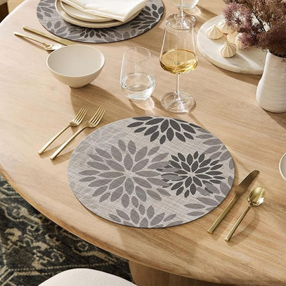 Artoid Mode Gray Dahlia Plastic Round Placemats Set of 4, 14 Inch Seasonal Wipeable Woven Vinyl Table Mats for Farmhouse Party Kitchen Dining Decor