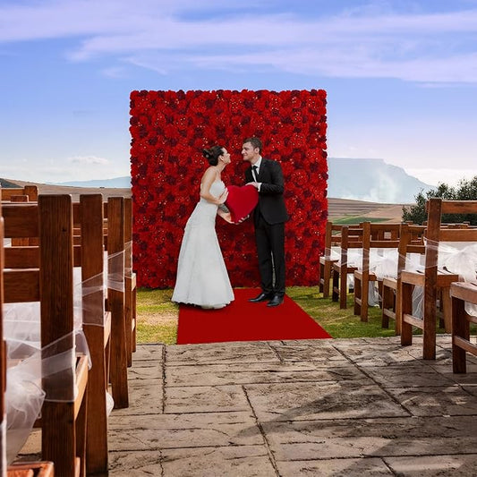 Artificial Flower Wall Backdrop 16pcs 16.5x16.5 Inch 3D Silk Rose Floral Wall Panel Ideal for Wedding Celebrations, Festive Party Birthday Backdrops and Elegant Home Decor-Red