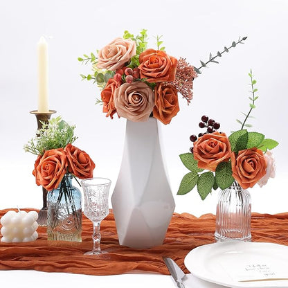 Meldel Artificial Flowers 25pcs Real Looking Burnt Orange Foam Fake Roses with Stems for DIY Wedding Bouquets Bridal Shower Centerpieces Floral Arrangements Home Decorations