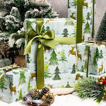 MAYPLUSS Christmas Wrapping Paper - 17 In x 33 Feet - Cute Watercolor Winter Snowy Wonderland Deer and Christmas Tree Print Holiday Gift Wrap Paper for New Year, Xmas Gift Wrap, Party, Nature Lover