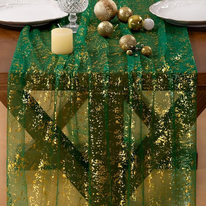 Gold Table Runner Christmas Snow Gauze Sheer Chiffon Cheesecloth Sequin 10FT Glitter Metallic Foil Dining Wedding Birthday Party Fall Winter Anniversary Holiday Centerpiece Table Decor Emerald Green