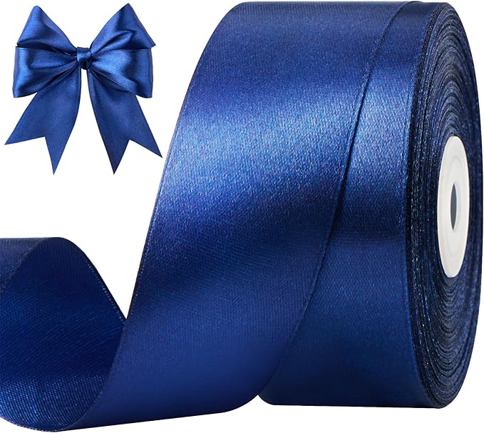 1-1/2 Inches 50 Yards Dark Blue Satin Ribbon, Solid Fabric Ribbon Roll for Flower Bouquets, Gift Wrapping, Wedding, Handmade Crafts