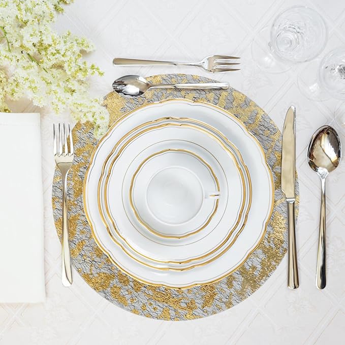 Hysenm 100 Pcs Disposable Gold Placemats Set Metallic 13 Inch Round Foil Mesh Pressed Table Doilies, Ultra-Thin Disposable Placement Mats for Home Decoration Dining Table Wedding Birthday Party