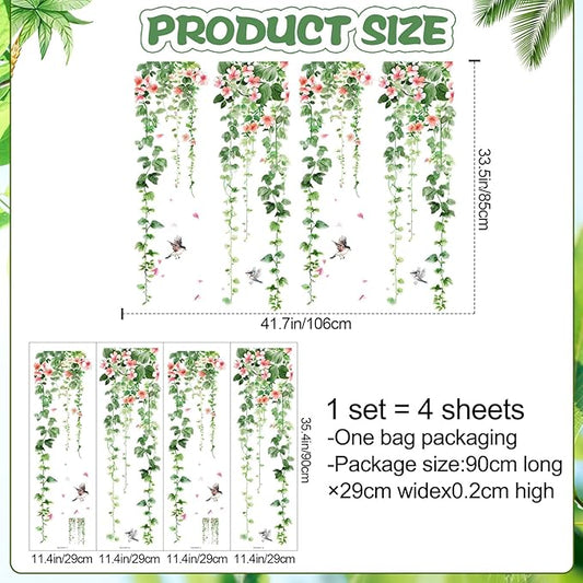 4 Sheets Green Plants Flower Wall Decals Hanging Vine Green Leaves Wall Stickers Watercolor Pink Flowers Wall Art Nature Removable Peel and Stick Wallpaper for Kids Bedroom Nursery Home Decoration 21