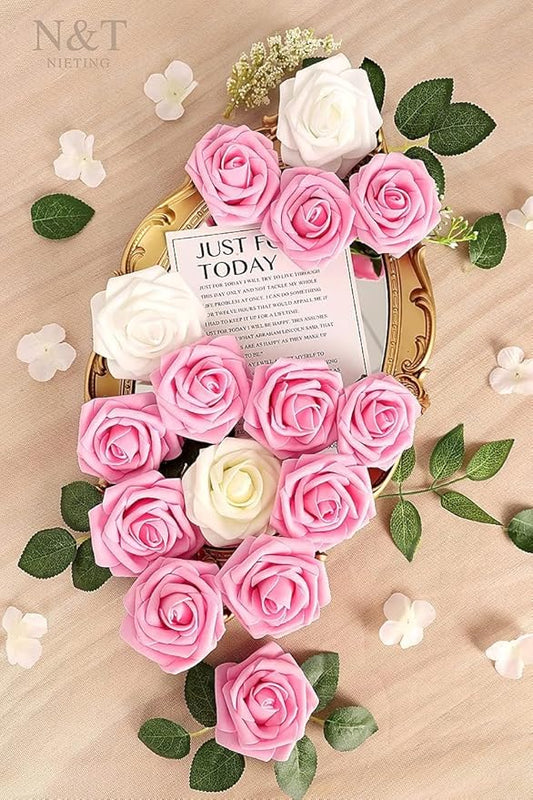 N&T NIETING Artificial Flowers Pink Roses, 50Pcs Fake Flowers Foam Roses with Stems for DIY Wedding Bridesmaid Bridal Bouquets Centerpieces Party Home Decoration Baby Shower