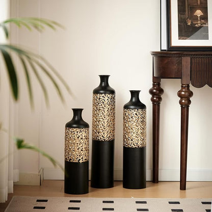 Floor Oversized Gold Metal Decorative Vase with 3D Triangle Pattern Set of 3 Large Vases for Home Living Room 33.5 ", 29.5 ", 25.2" High (Black)