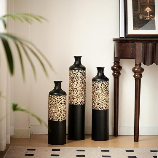 Floor Vases, Tall Home Decor Metal Vase Set of 3 Large Glazed Decorative Vases for Wedding Decor, Elegant Modern Flower Holder for Living Room, Entryway, Hallway, Dining Room