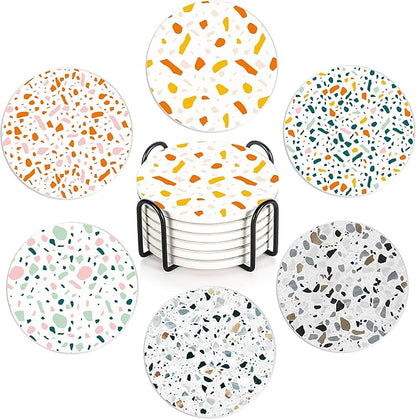 Drink Coasters with Holder,6 Pcs Terracotta Polka Dots Design, Water-Absorbent Beverage Pads for Dining Table Decor & Glass Protection