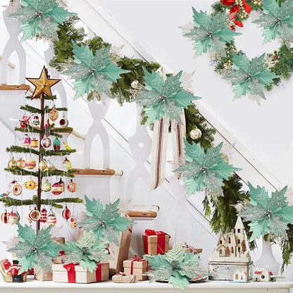 10'' Large Christmas Glitter Poinsettia Flowers Decorations, stadeco 10 Pcs Christmas Tree Picks Ornaments Artificial Flowers with Long Stems for Xmas Tree Wreath Garland Wedding Party DIY Decor