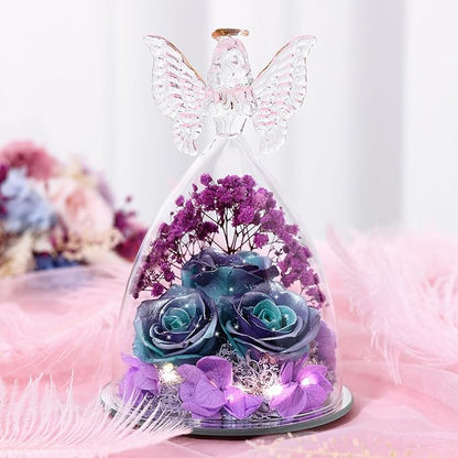 Christmas Rose Gifts for Women Preserved Real Flower in Glass Angel Figurines Roses for Delivery Prime Birthday Gifts for Mom Grandma Girlfriend Wife Her, GlitterBluePurple