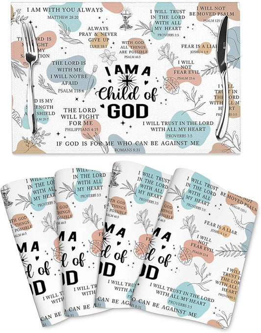 Christian Placemats Set of 4, Washable God Table Place Mats for Kitchen Holiday Party Farmhouse Decor Religious Happy Easter Day Decorative Place Mats 12"x18"